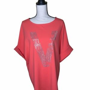 Women's Coral Short Sleeve Top with Glitter 'V' Detail